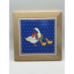 Wood Framed Ceramic Square Trivet Wall Art‎ White Goose Country Christmas 80s